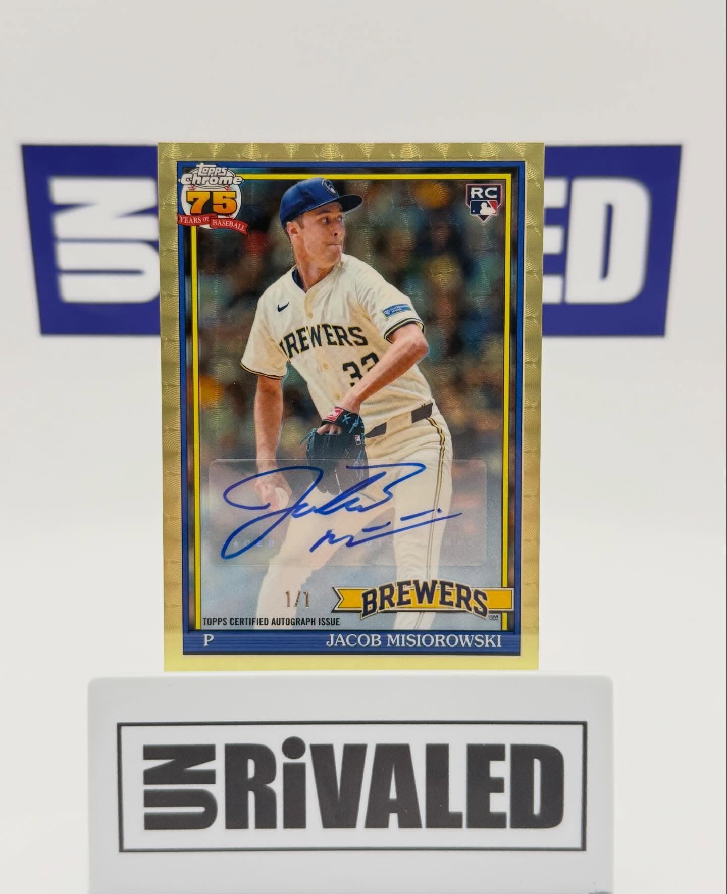 Gold-bordered 1/1 Topps Chrome autographed baseball card of Milwaukee Brewers pitcher Jacob Misiorowski.