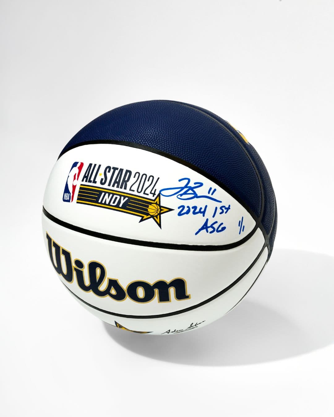 Signed white and navy Wilson basketball for the 2024 NBA All-Star Game in Indianapolis.