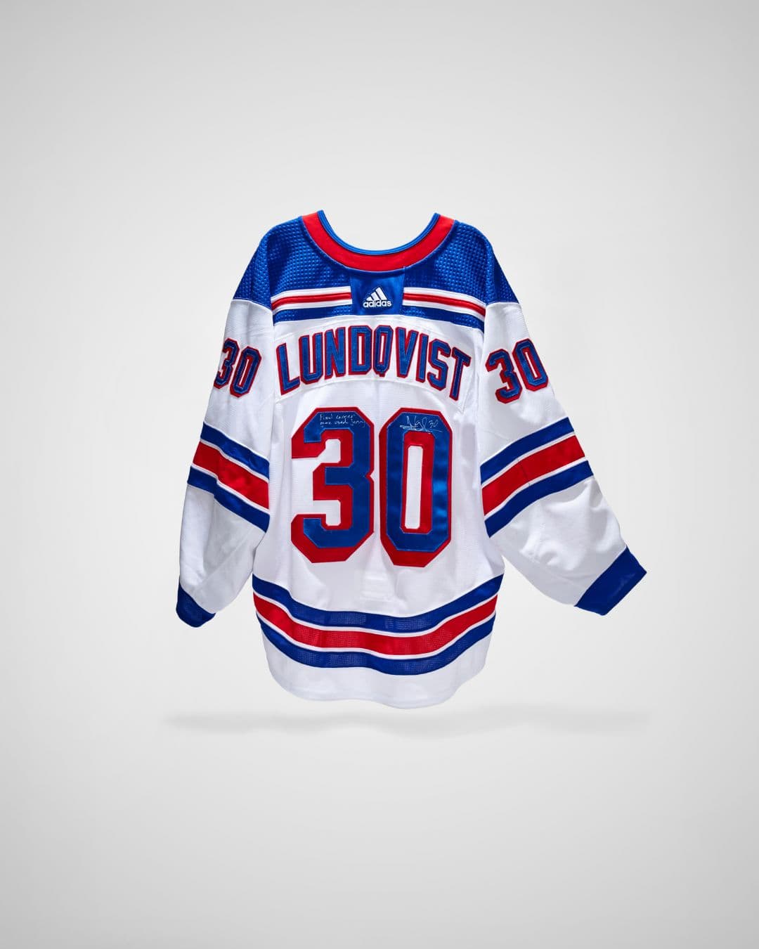 White New York Rangers jersey featuring Lundqvist and number thirty with blue and red stripes.