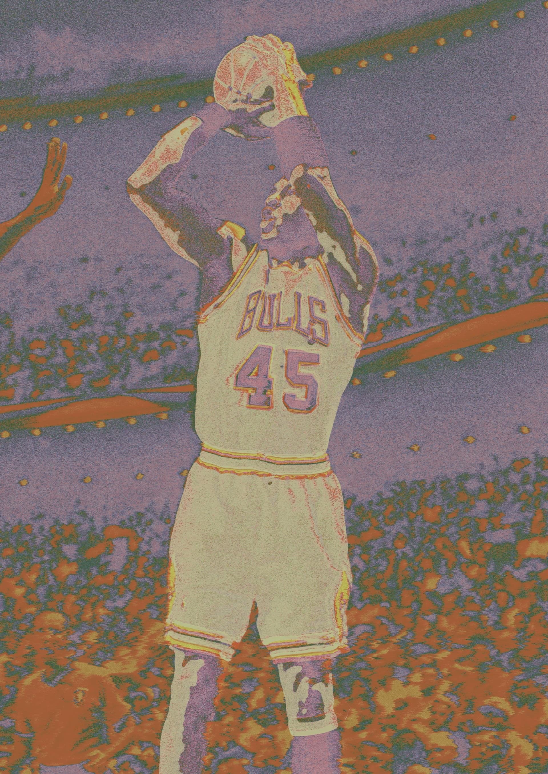 Stylized depiction of Michael Jordan in a Bulls number 45 jersey taking a jump shot.
