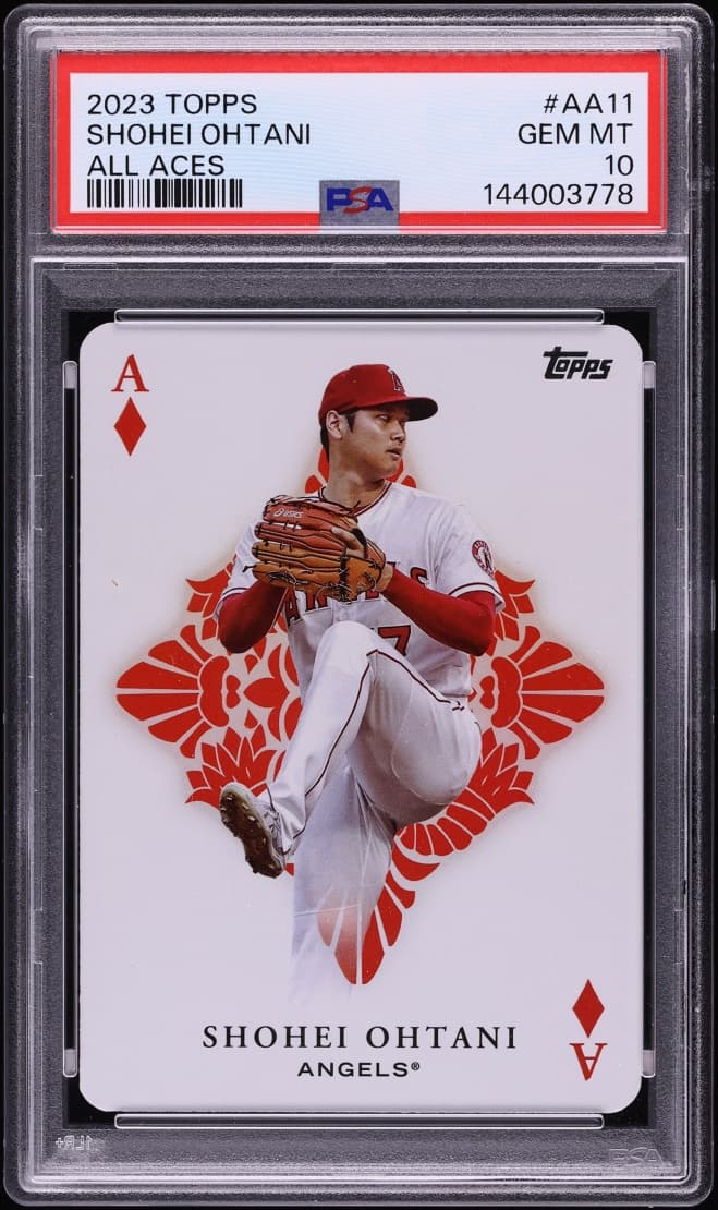 PSA 10 graded 2023 Topps All Aces Shohei Ohtani baseball card, Ace of Diamonds design.