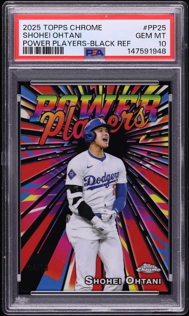 PSA 10 graded 2025 Topps Chrome Shohei Ohtani Power Players Black Refractor baseball card.