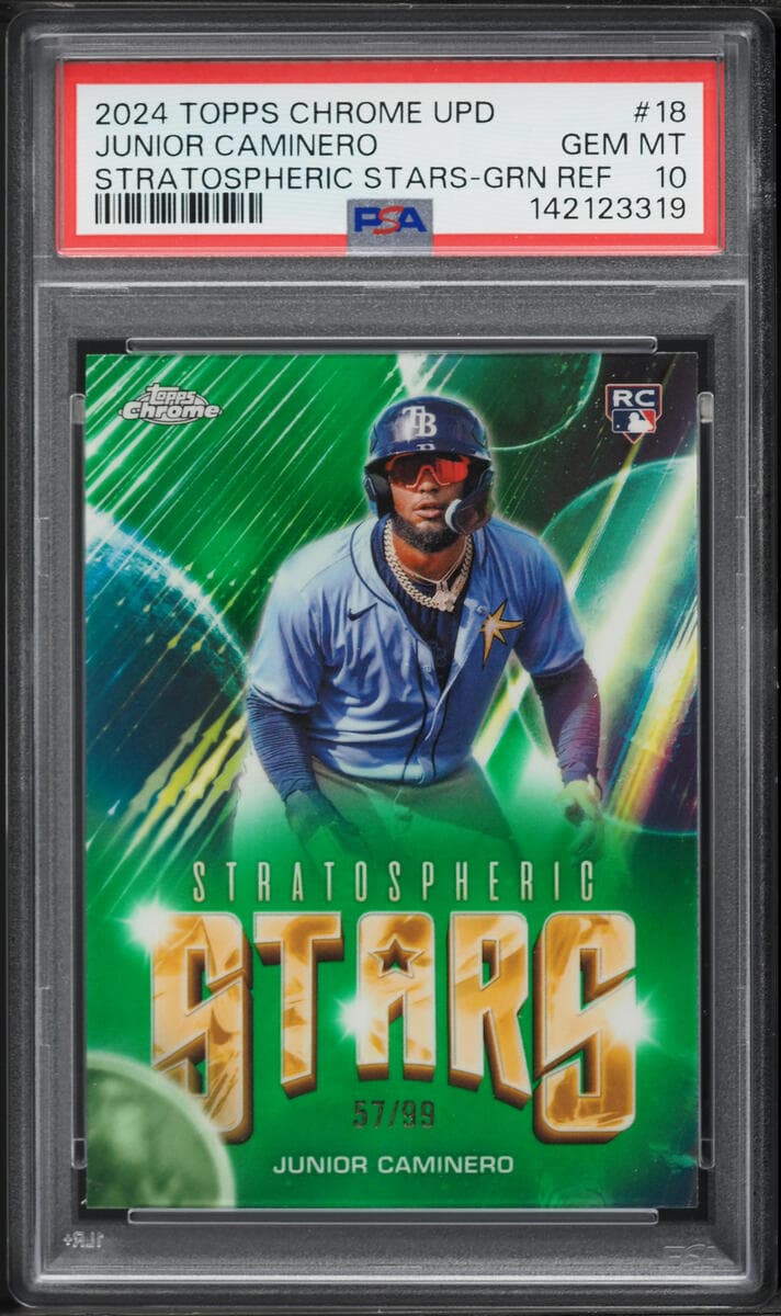 PSA 10 graded 2024 Topps Chrome Junior Caminero Stratospheric Stars green refractor baseball card.