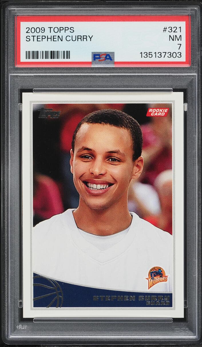 2009 Topps Stephen Curry rookie card graded PSA NM 7 in a protective case.